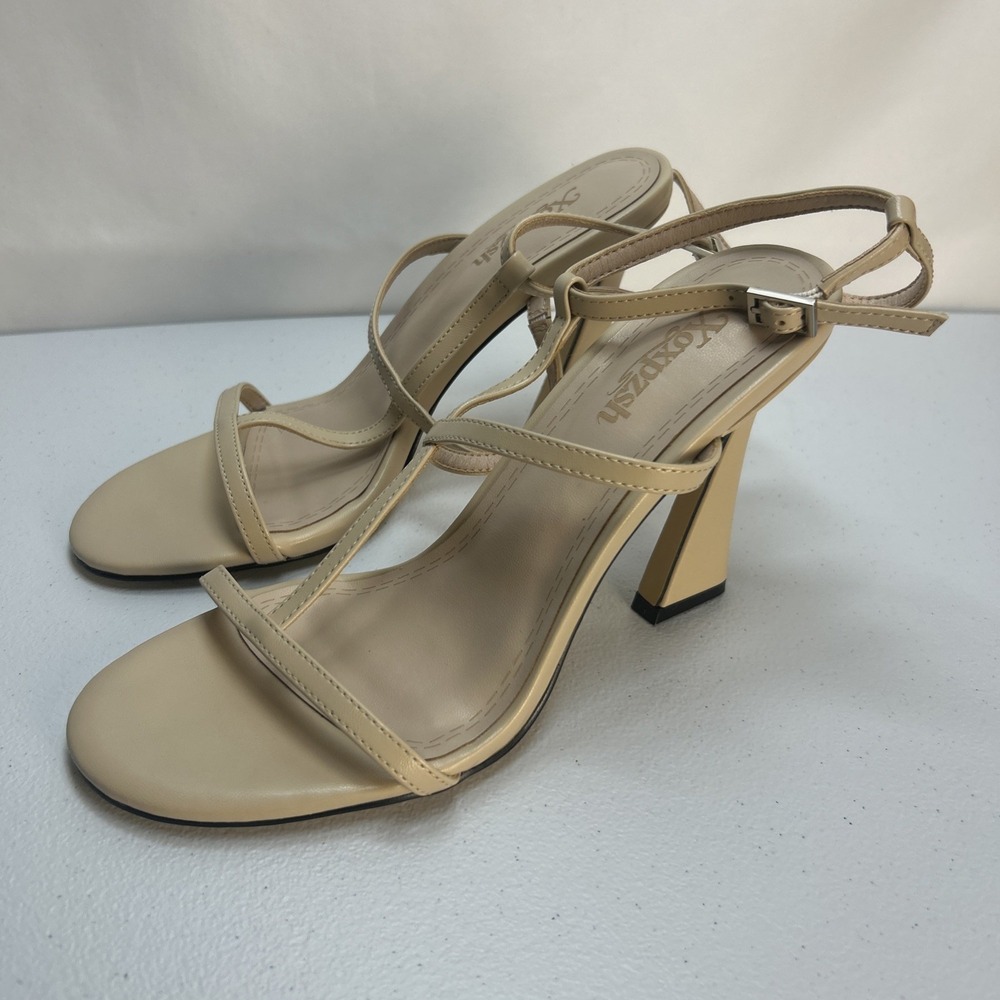 Xqxpzsh Nude Strappy High Heels Size 8.5 NIB T-Strap Dress Sandals Block Heel